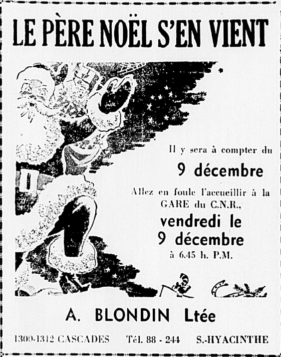 Le Père Noël arrive en train.</br>Le Clairon, 2 décembre 1949, p. 14.