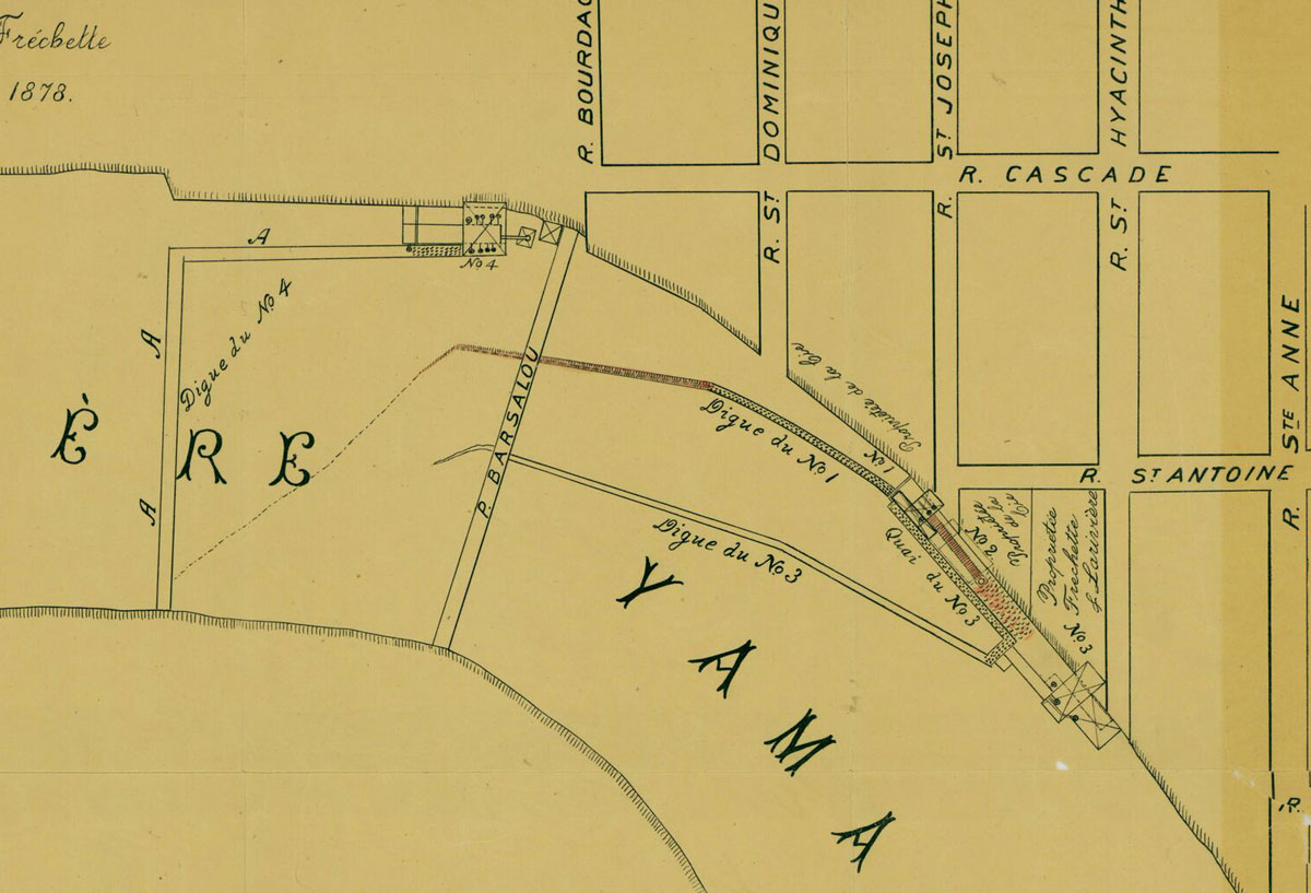 Carte représentant le barrage et les différentes digues sur la rivière vers 1878. 