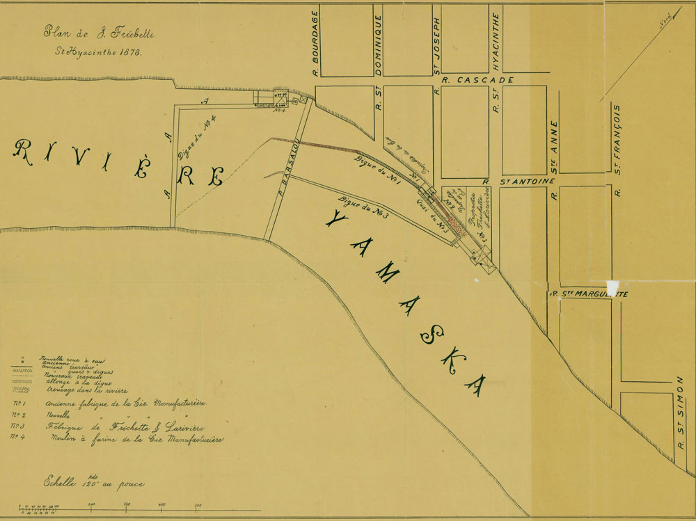 Plan des manufactures et barrages de Saint-Hyacinthe en 1878