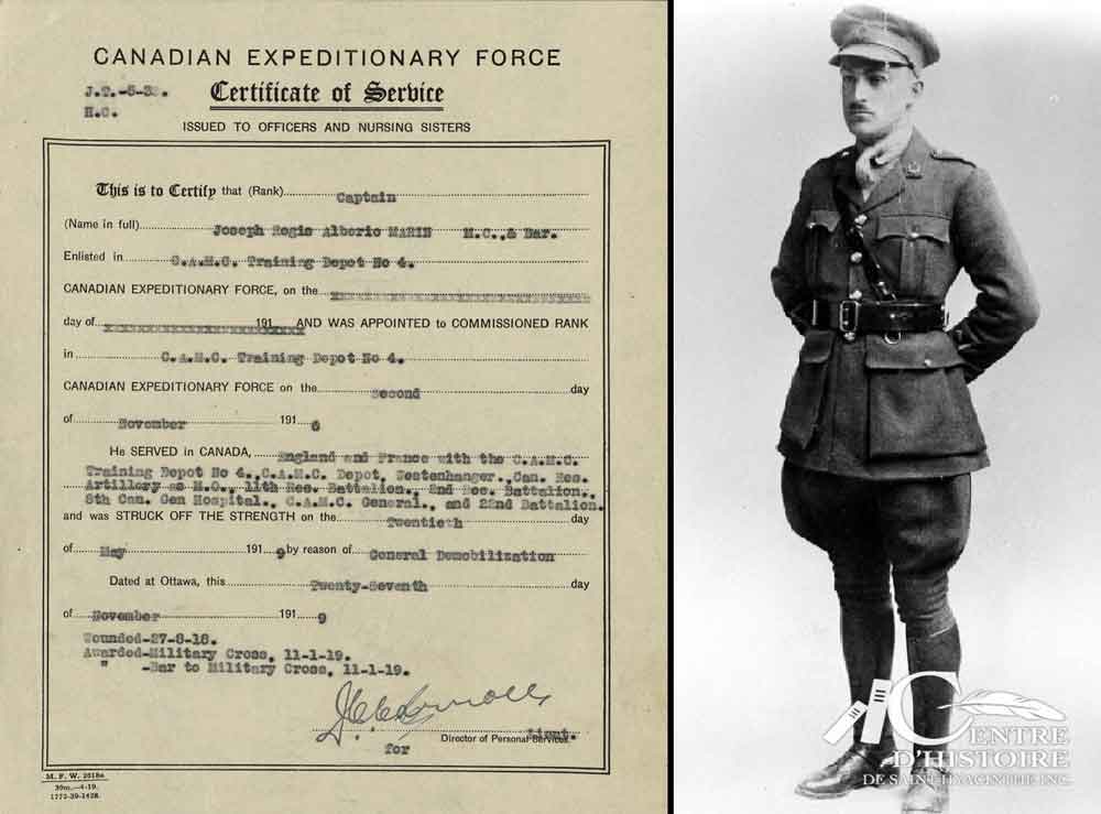 Certificat de service d'Albéric Marin, 1916-1919